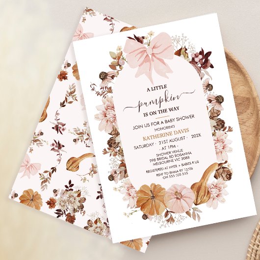 Rustiek Roze Herfst Little Pumpkin Baby shower Kaart