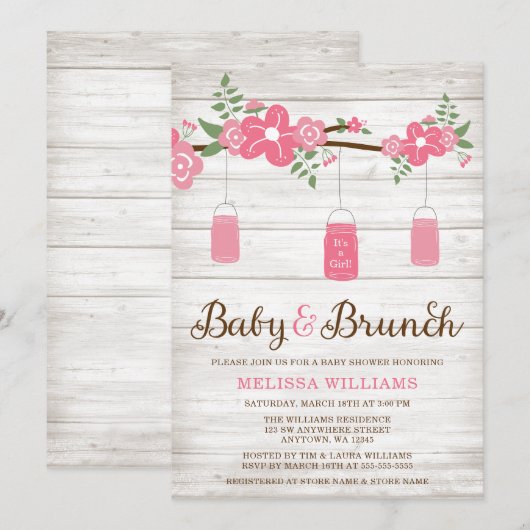 Rustiek Roze Mason Jar Girl Brunch Baby shower Kaart (Voorkant / Achterkant)