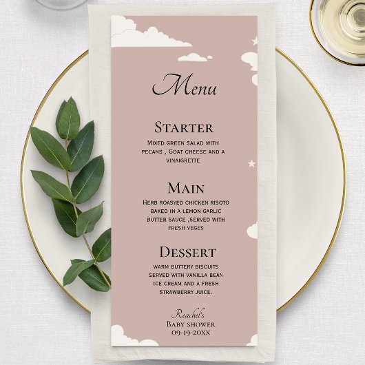 Rustiek Roze Minimal cloud thema baby shower Menu