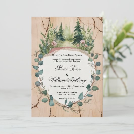 Rustiek roze munt eucalyptus bos bloemen bruiloft kaart (Staand voorkant)