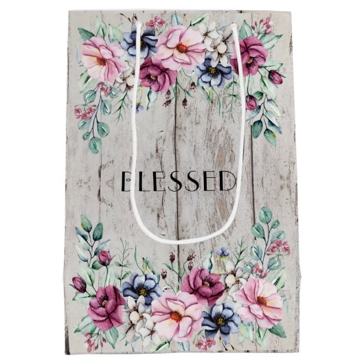 Rustiek Roze & Navy Bloemschuur Hout Gezegend Medium Cadeauzakje (Achterkant)