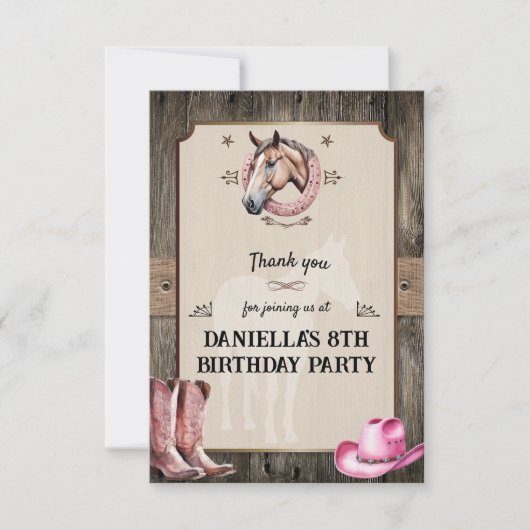 Rustiek Roze Paardrijden Verjaardagsfeest Bedankkaart (Voorkant)