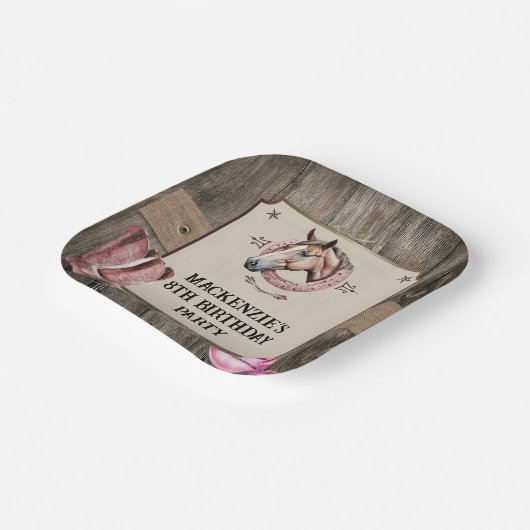 Rustiek Roze Paardrijden Verjaardagsfeest Papieren Bordje (Gebogen)
