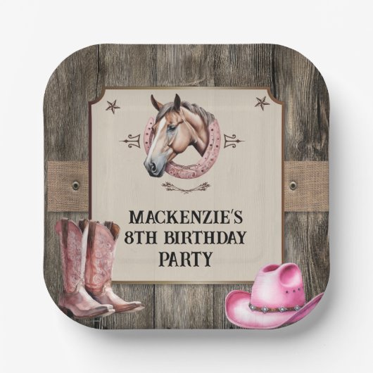 Rustiek Roze Paardrijden Verjaardagsfeest Papieren Bordje (Voorkant)