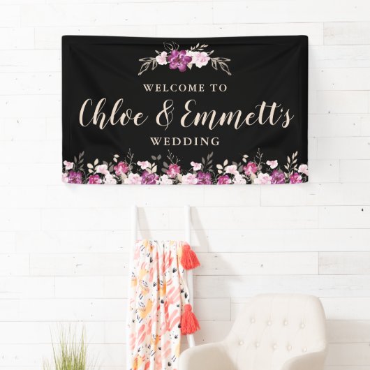 Rustiek Roze Paarse op Zwart Bloemen Bruiloft Spandoek (Insitu)