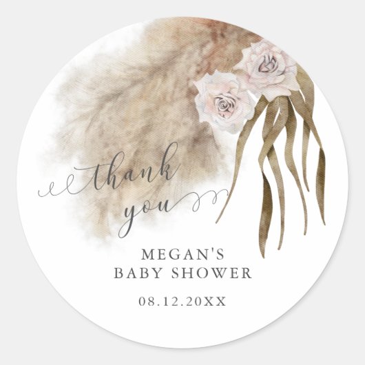 Rustiek Roze Pampas Grass Baby shower Ronde Sticker (Voorkant)