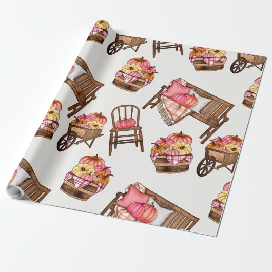 Rustiek roze pompoenpatroon cadeaupapier (Uitgerold)