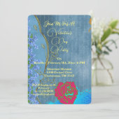 Rustiek Roze Rose Valentijnsdag Party Blauw Bloeme Kaart (Staand voorkant)