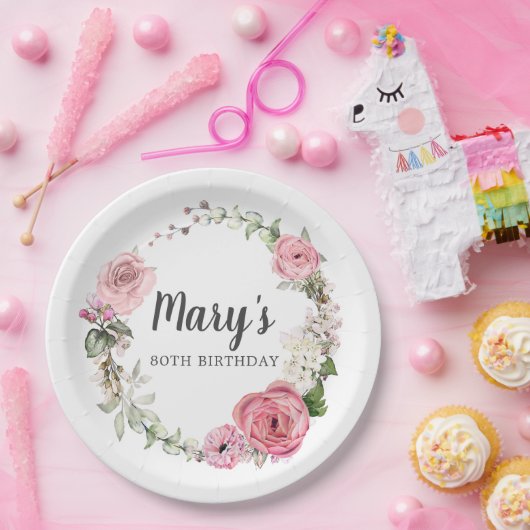 Rustiek Roze Roze Bloemen 80ste Verjaardag Papier Papieren Bordje (Feest)