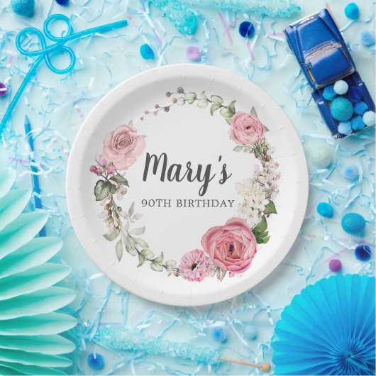 Rustiek Roze Roze Bloemen 90ste Verjaardag Papier  Papieren Bordje (Feest)