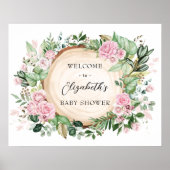 Rustiek Roze Rozen Groen Baby shower Welkom Poster (Voorkant)
