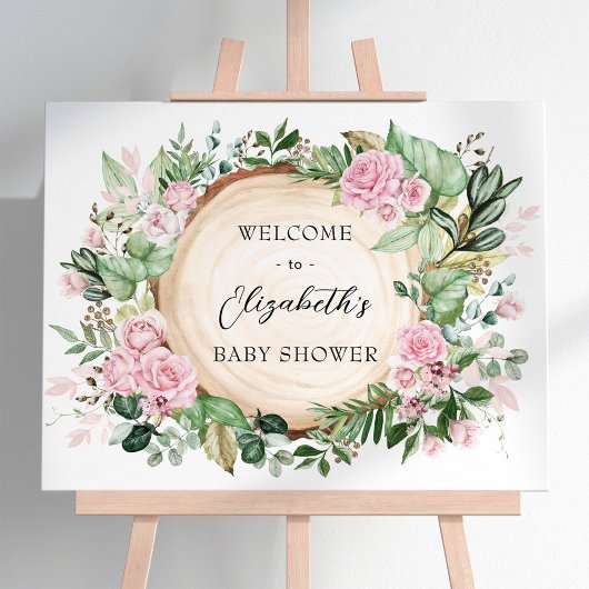 Rustiek Roze Rozen Groen Baby shower Welkom Poster