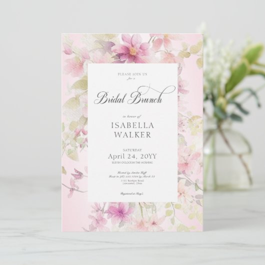 Rustiek Roze & Sage Waterverf Bloemen Bruidsbrunch Kaart (Staand voorkant)