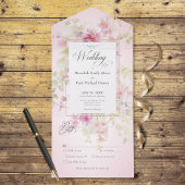 Rustiek Roze & Sage Waterverf Bloemen Roze Diner All In One Uitnodiging