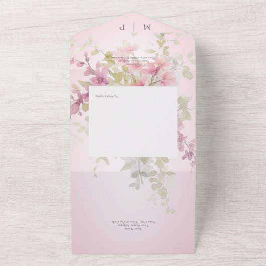 Rustiek Roze & Sage Waterverf Bloemen Roze Diner All In One Uitnodiging (Buitenkant)