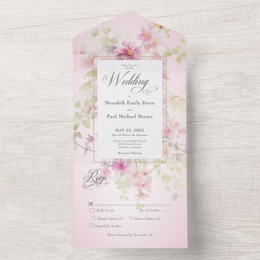 Rustiek Roze & Sage Waterverf Bloemen Roze Diner All In One Uitnodiging (Binnen)