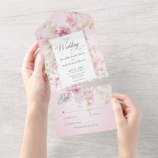 Rustiek Roze Sage Waterverf Bloemen Roze Geen Dine All In One Uitnodiging (Afscheurbaar)