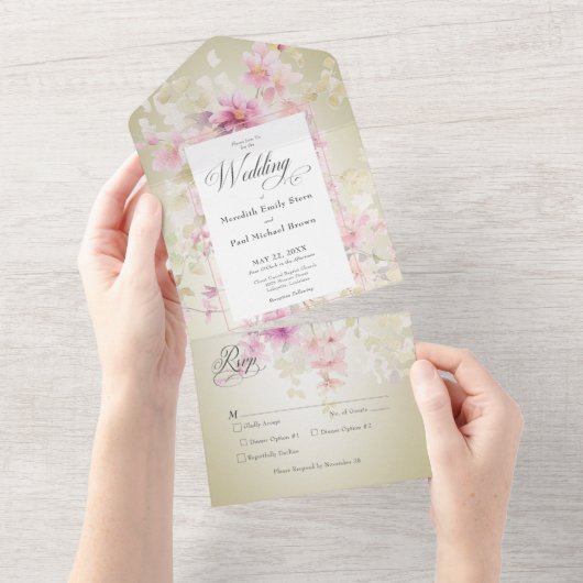 Rustiek Roze & Salie Waterverf Bloemen Salie Diner All In One Uitnodiging (Afscheurbaar)