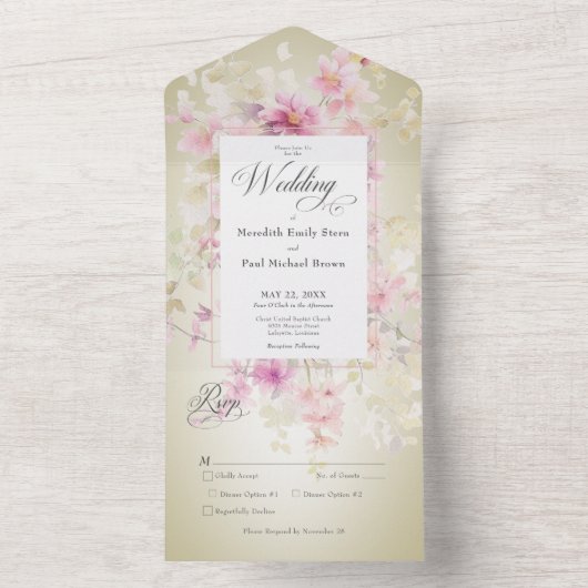 Rustiek Roze & Salie Waterverf Bloemen Salie Diner All In One Uitnodiging (Binnen)