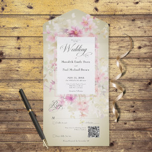 Rustiek Roze & Salie Waterverf Bloemen Salie QR Co All In One Uitnodiging