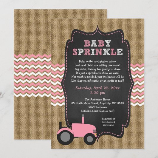 Rustiek roze Tractor Baby Sprinkle Kaart (Voorkant / Achterkant)