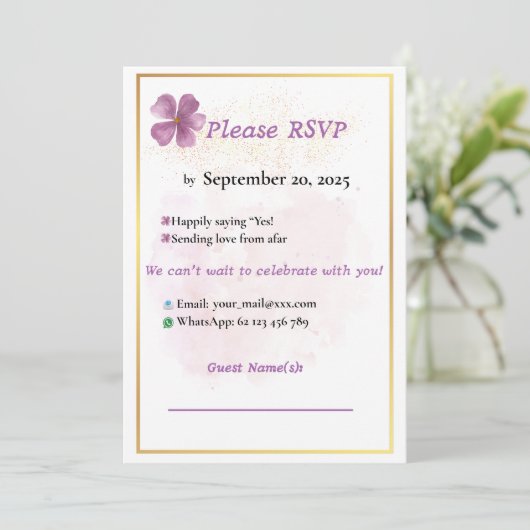 Rustiek Roze Waterverf Elegante bruiloft RSVP-kaar (Staand voorkant)