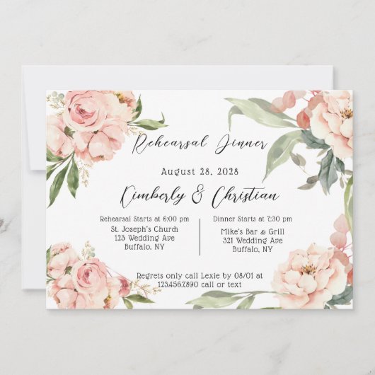 Rustiek Roze Waterverf Pioen Repetitie Diner Kaart (Voorkant)