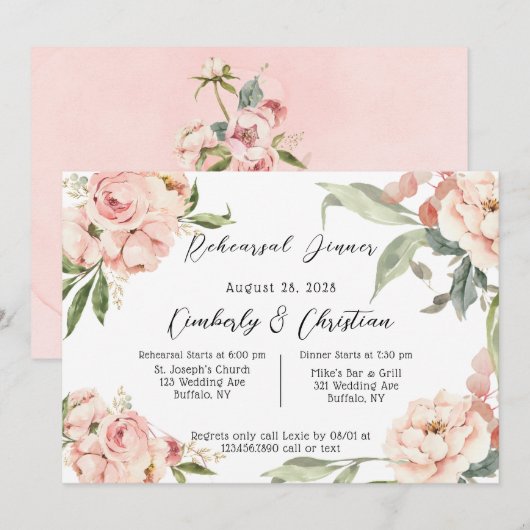 Rustiek Roze Waterverf Pioen Repetitie Diner Kaart (Voorkant / Achterkant)