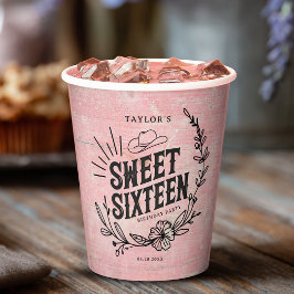 Rustiek Roze Western Cowgirl Sweet Sixteen Birthda Papieren Bekers