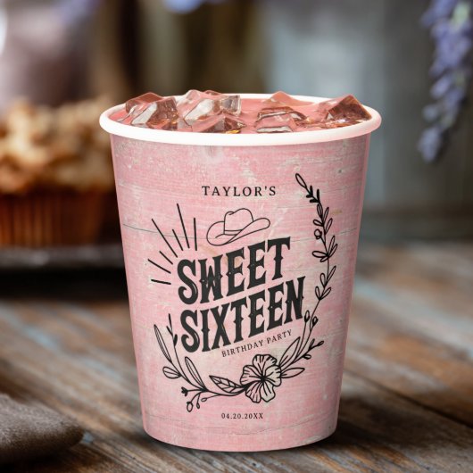 Rustiek Roze Western Cowgirl Sweet Sixteen Birthda Papieren Bekers