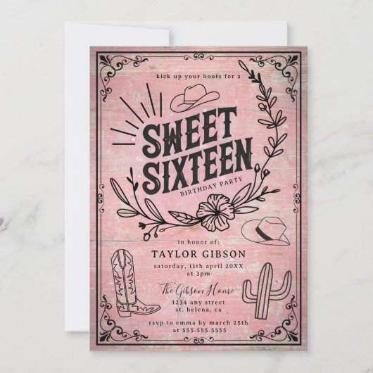 Rustiek Roze Westerne Bloemen Sweet Sixteen Foto Kaart (Voorkant)