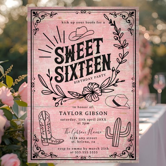 Rustiek Roze Westerne Bloemen Sweet Sixteen Foto Kaart
