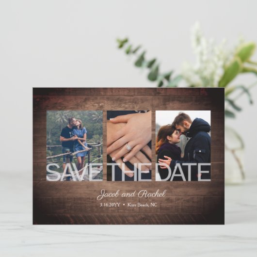 Rustiek Save The Date 3-Photo Collage Hout Wedding (Staand voorkant)