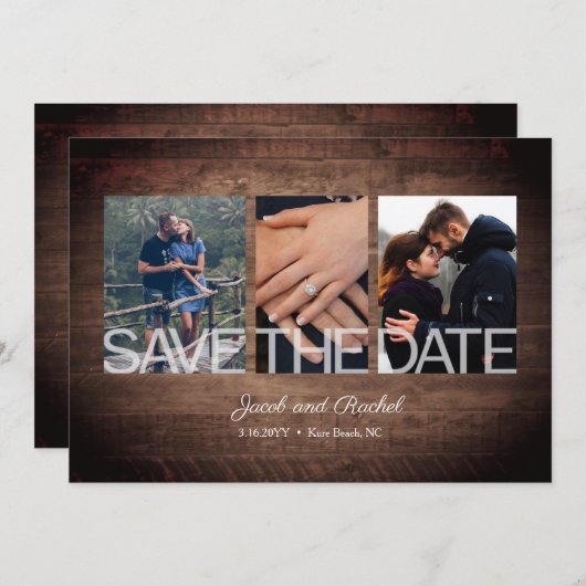 Rustiek Save The Date 3-Photo Collage Hout Wedding (Voorkant / Achterkant)