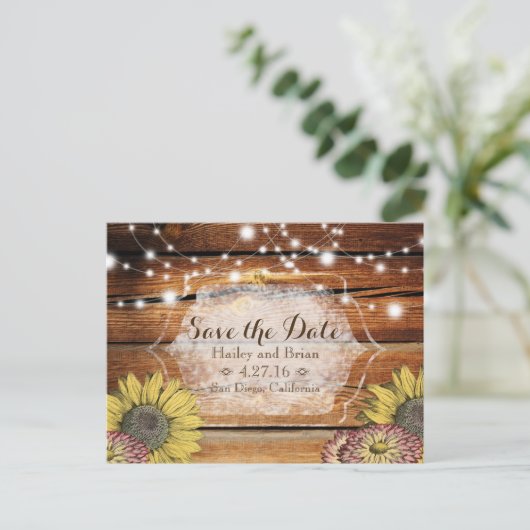 Rustiek Save the Date Briefkaart met Zonnebloemen (Staand voorkant)