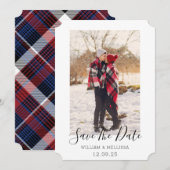 Rustiek Save The Date Seizoensgebonden Blauw Gingh Feestdagenkaart (Voorkant / Achterkant)