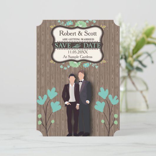 Rustiek Save the Date, Twee Grooms Date (Staand voorkant)