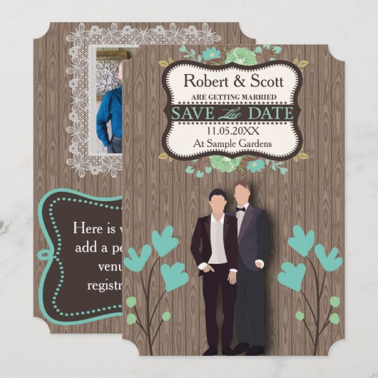 Rustiek Save the Date, Twee Grooms Date (Voorkant / Achterkant)