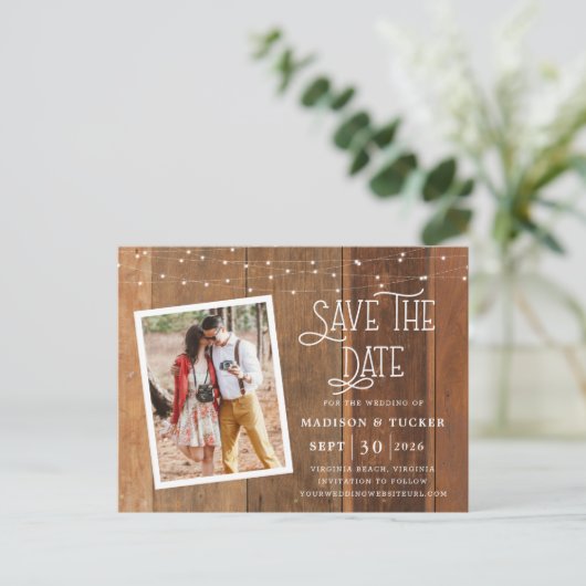 Rustiek Save The Date Wood Lights Foto uitnodiging (Staand voorkant)
