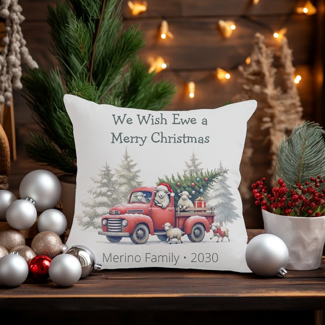 Rustiek Schaap Rode Vrachtwagen thema Kussen (We wish ewe a merry christmas throw pillow)
