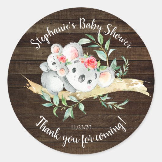 Rustiek Schattig Koala Beer Meisjes Baby shower Fa Ronde Sticker (Voorkant)