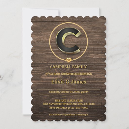 Rustiek Schattige Goud Hart Monogram Familie Baby  Kaart (Voorkant)