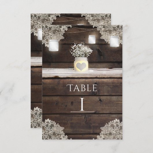 Rustiek Schuur hout, Kant & Mason Jars Tafelnummer (Voorkant / Achterkant)