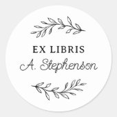 Rustiek Script Botanische bladeren Ex Libris Boekp Ronde Sticker (Voorkant)