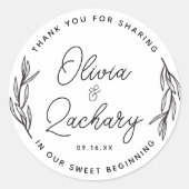 Rustiek Script Circulair groen Dank u bruiloft Ronde Sticker (Voorkant)