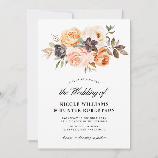 Rustiek script herfst bloemenbruiloft kaart (Voorkant)