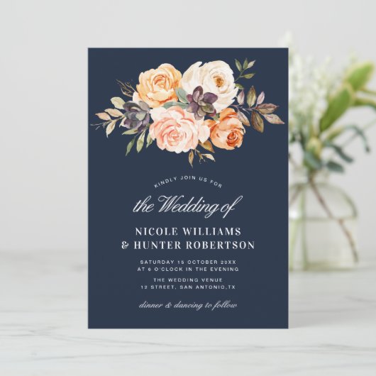 Rustiek script herfst bloemenmarineblauw bruiloft kaart (Staand voorkant)