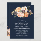 Rustiek script herfst bloemenmarineblauw bruiloft kaart (Voorkant / Achterkant)