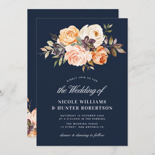 Rustiek script herfst bloemenmarineblauw bruiloft kaart (Voorkant / Achterkant)