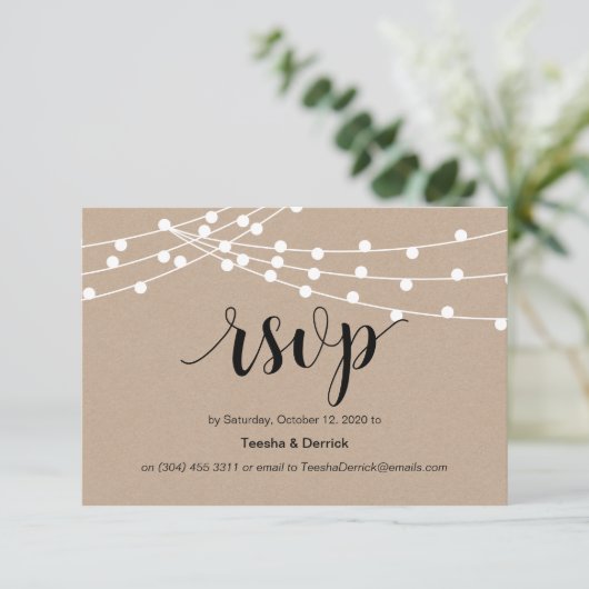 Rustiek Script, kraft, string verlichting, bruilof Informatiekaartje (Staand voorkant)